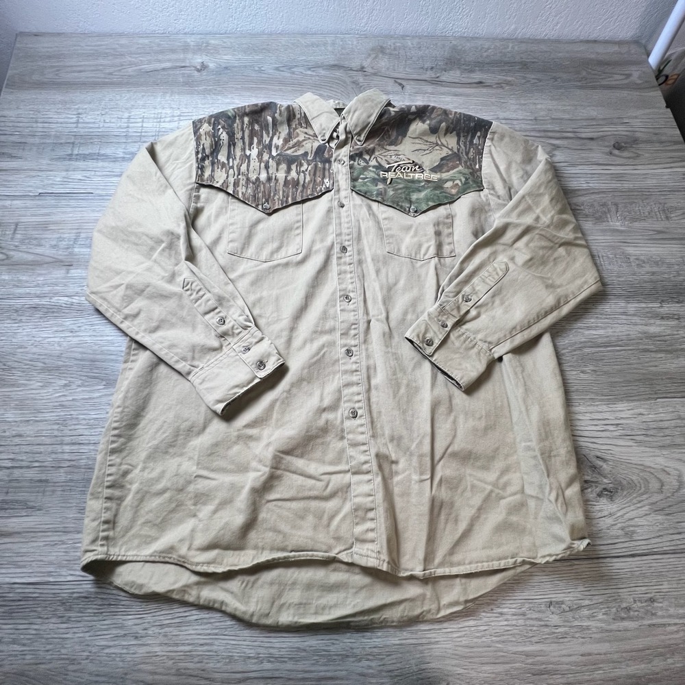 Vintage Spartan Realtree Shirt Mens Medium Tan Camo Western Yoke Button Down USA